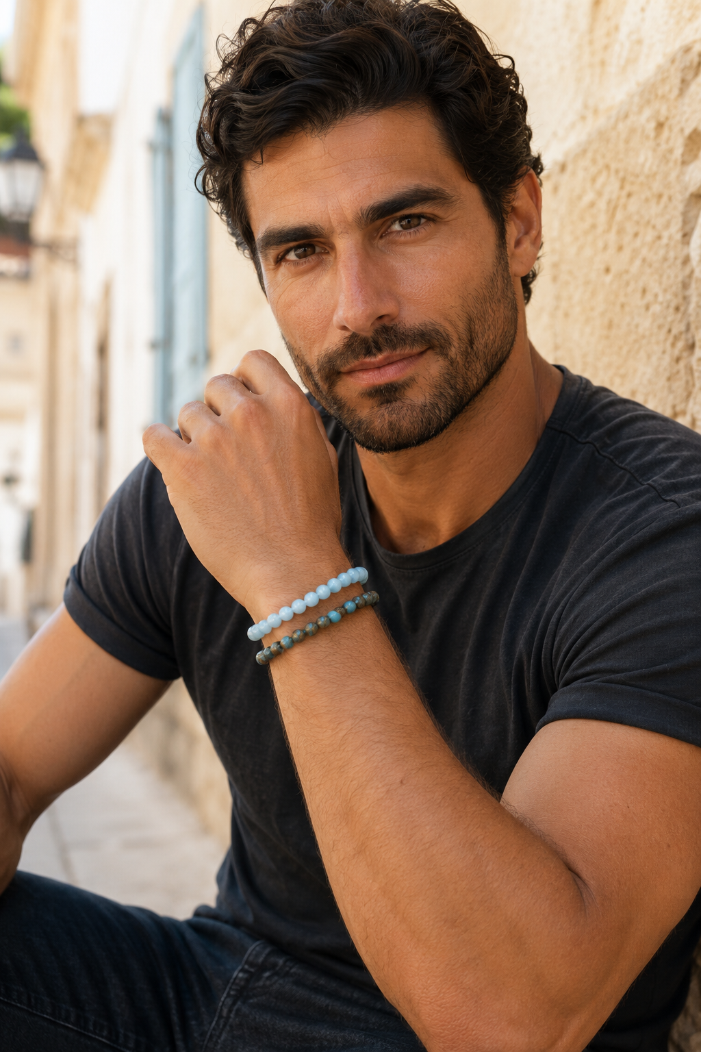Männerarmband-Set – hellblauer Angelit