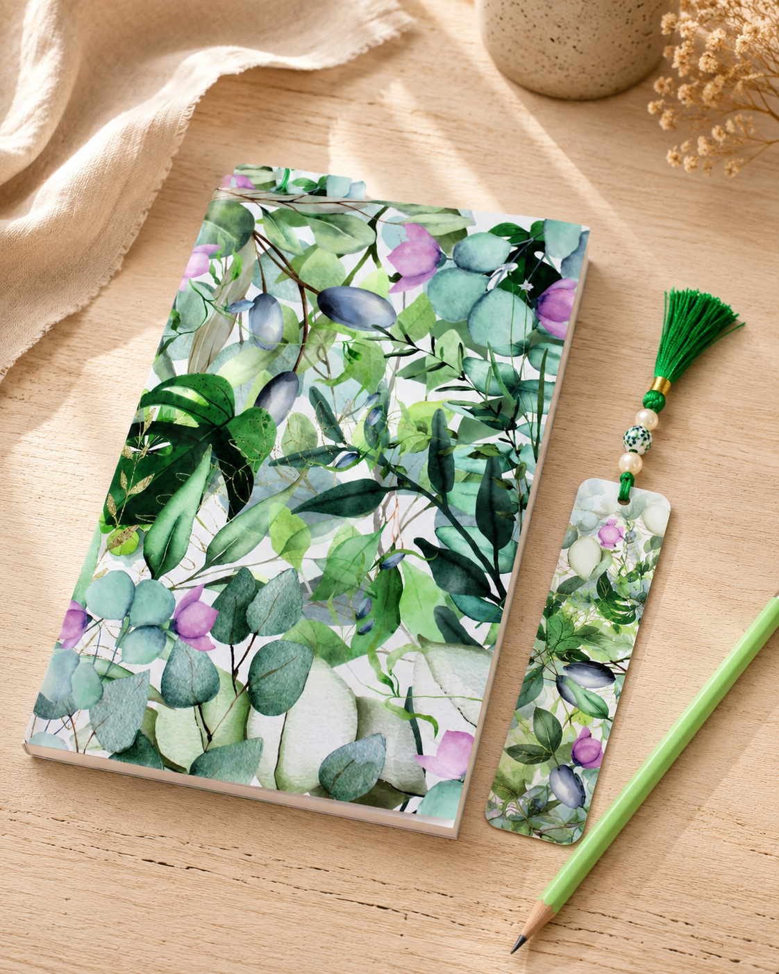 Notizbuch-Set Grün Floral – mit Bleistift & Einleger