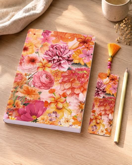 Notizbuch-Set Orange Floral – mit Bleistift & Einleger