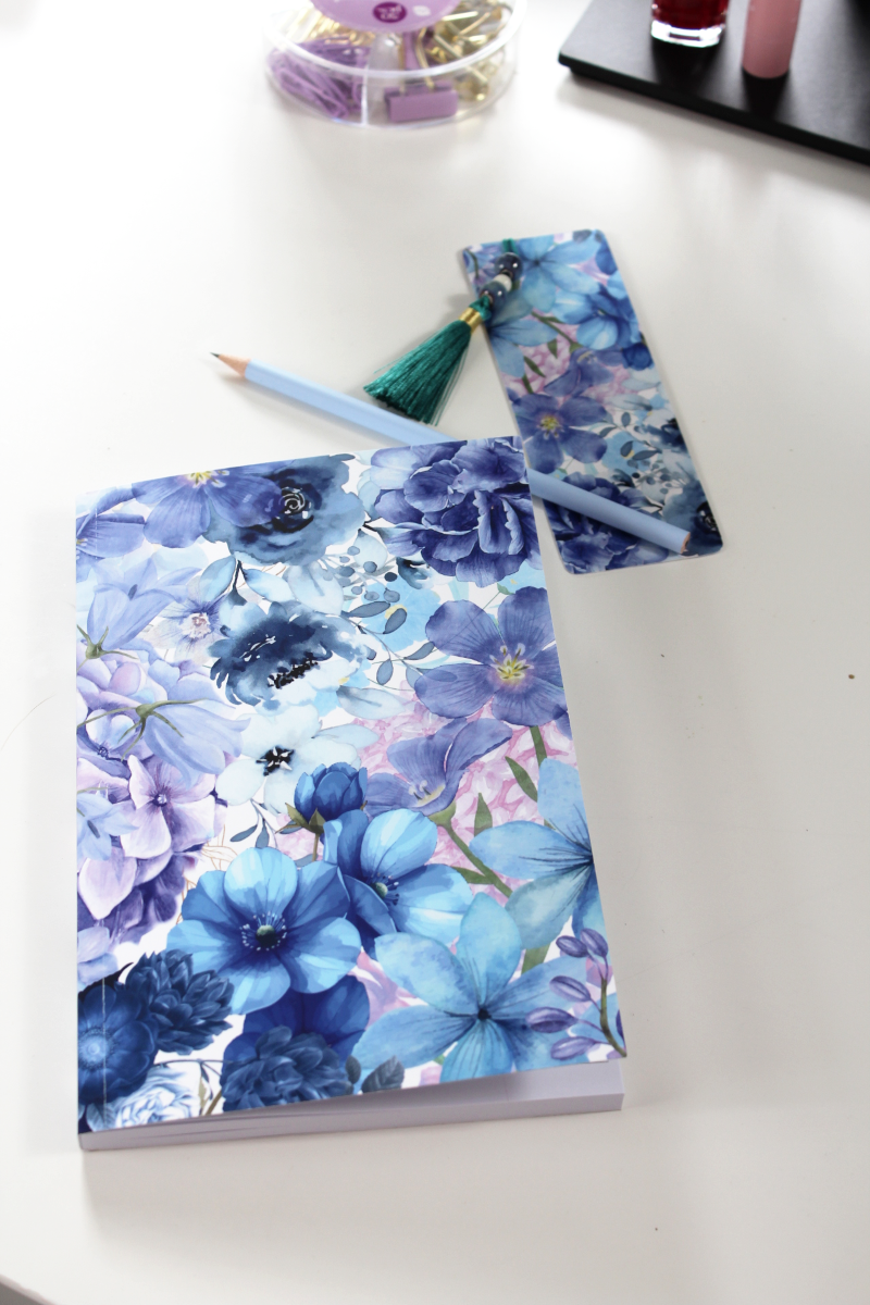 Notizbuch-Set Blau Floral – mit Bleistift & Einleger