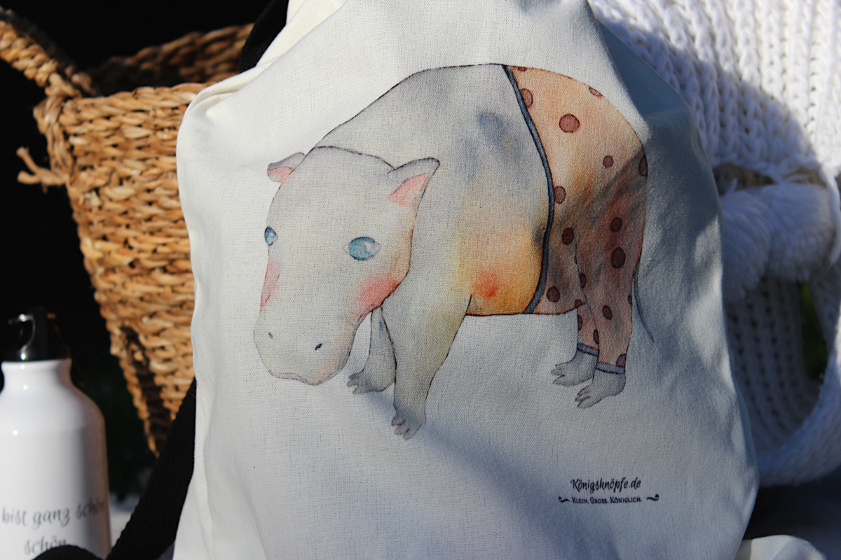 Baumwollrucksack "Hippo" Kinderrucksack Sportbeutel Schwimmbetel Urlaub Schule Freizeit Illustation Kinder Königsknöpfe