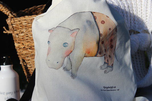 Baumwollrucksack "Hippo" Kinderrucksack Sportbeutel Schwimmbetel Urlaub Schule Freizeit Illustation Kinder Königsknöpfe