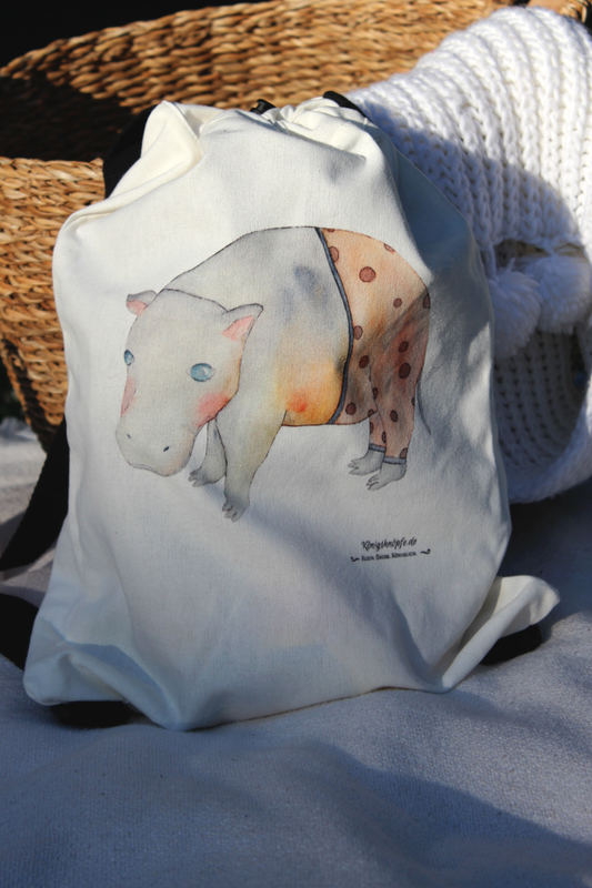 Baumwollrucksack "Hippo" Kinderrucksack Sportbeutel Schwimmbetel Urlaub Schule Freizeit Illustation Kinder Königsknöpfe