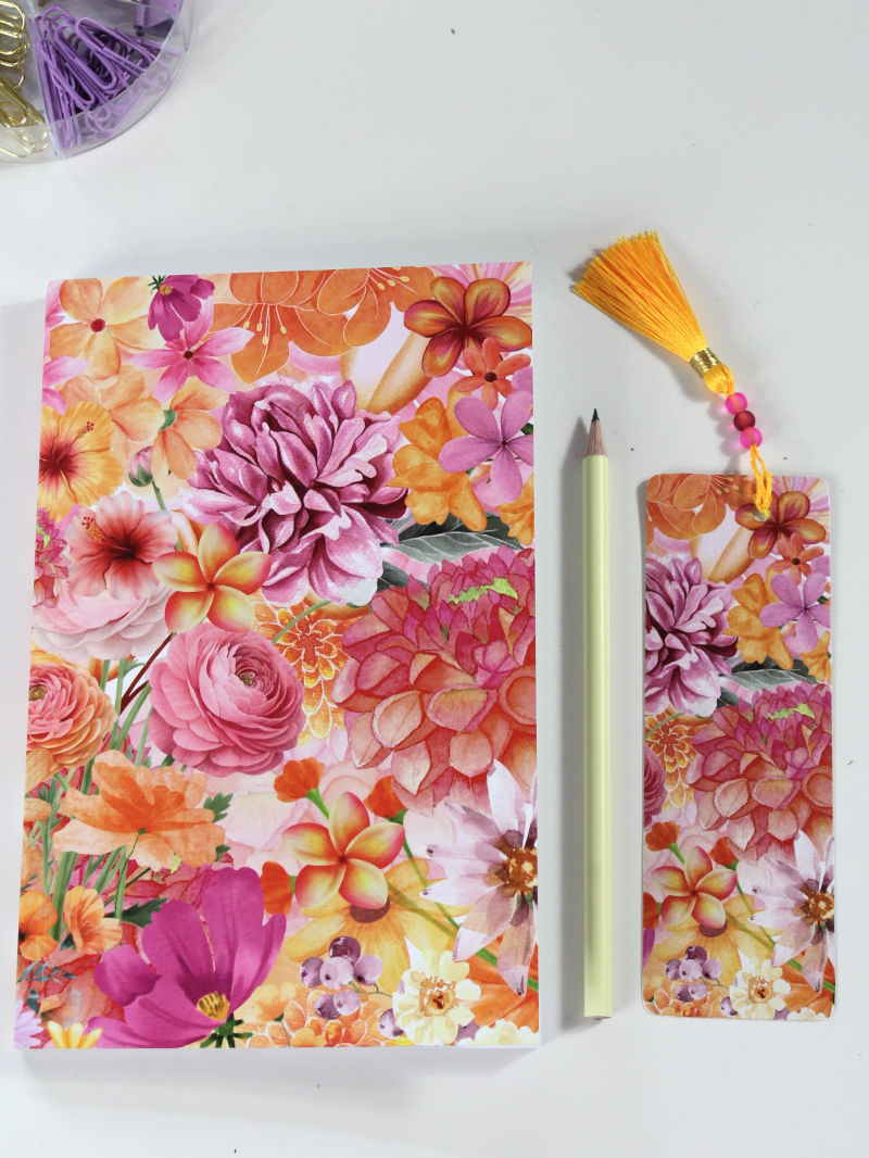 Notizbuch-Set Orange Floral – mit Bleistift & Einleger