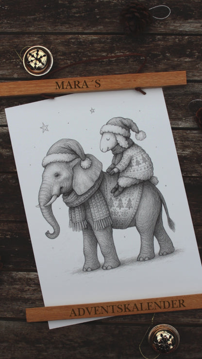 Personalisierbarer Ausmal-Adventskalender mit 24 weihnachtlichen Motiven und zusätzlich 24 magischen Wichtelgeheimnissen